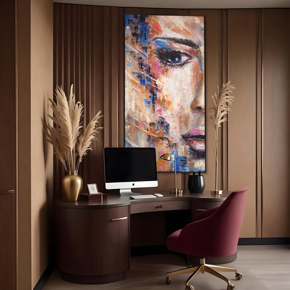 Tablou canvas cu pictura chip de femeie, in rama de aluminiu negru, pe perete intr-un birou